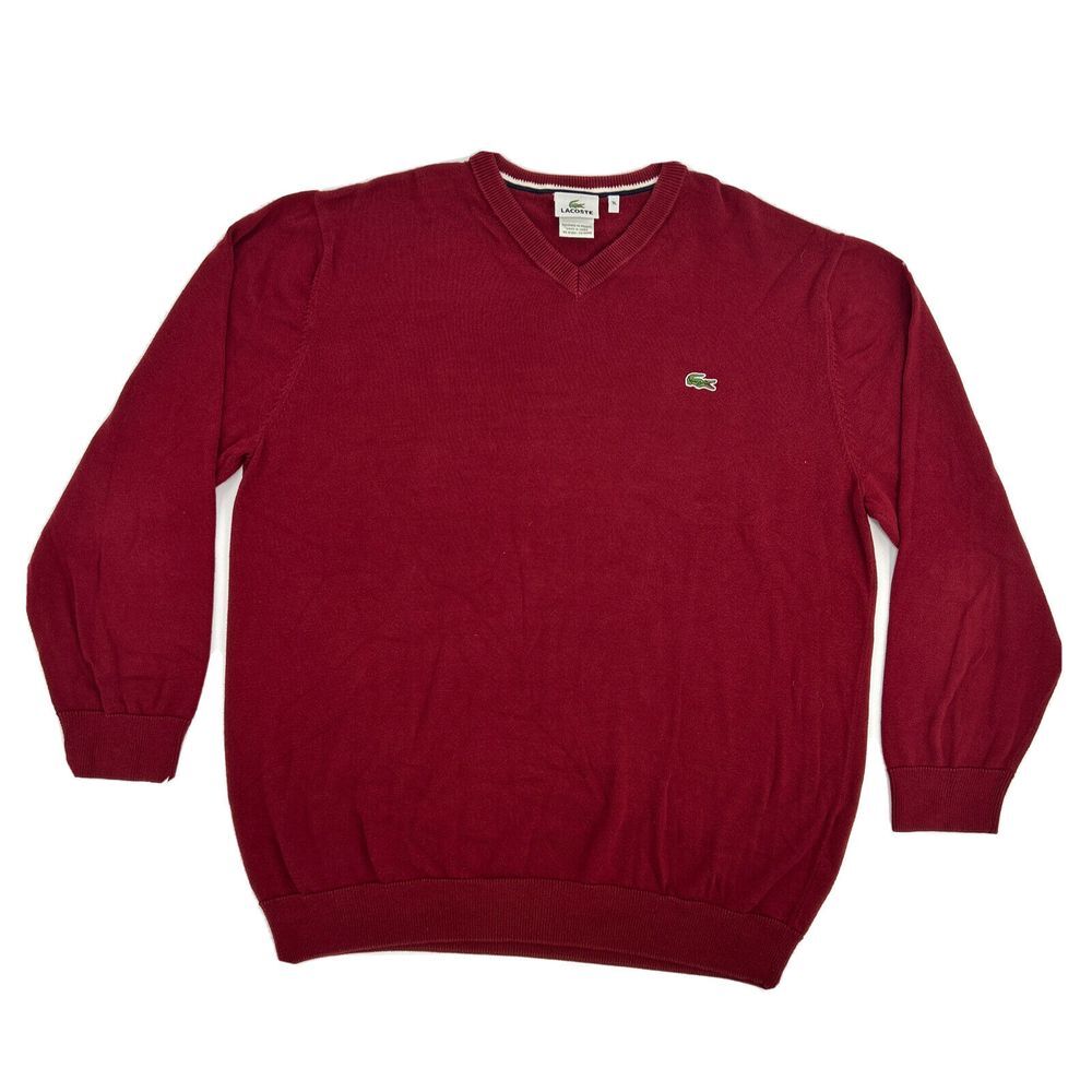 Lacoste Sweater‎ Men's 7 (US 2XL) Maroon Long Sleeve V-Neck Pullover 100% Cotton